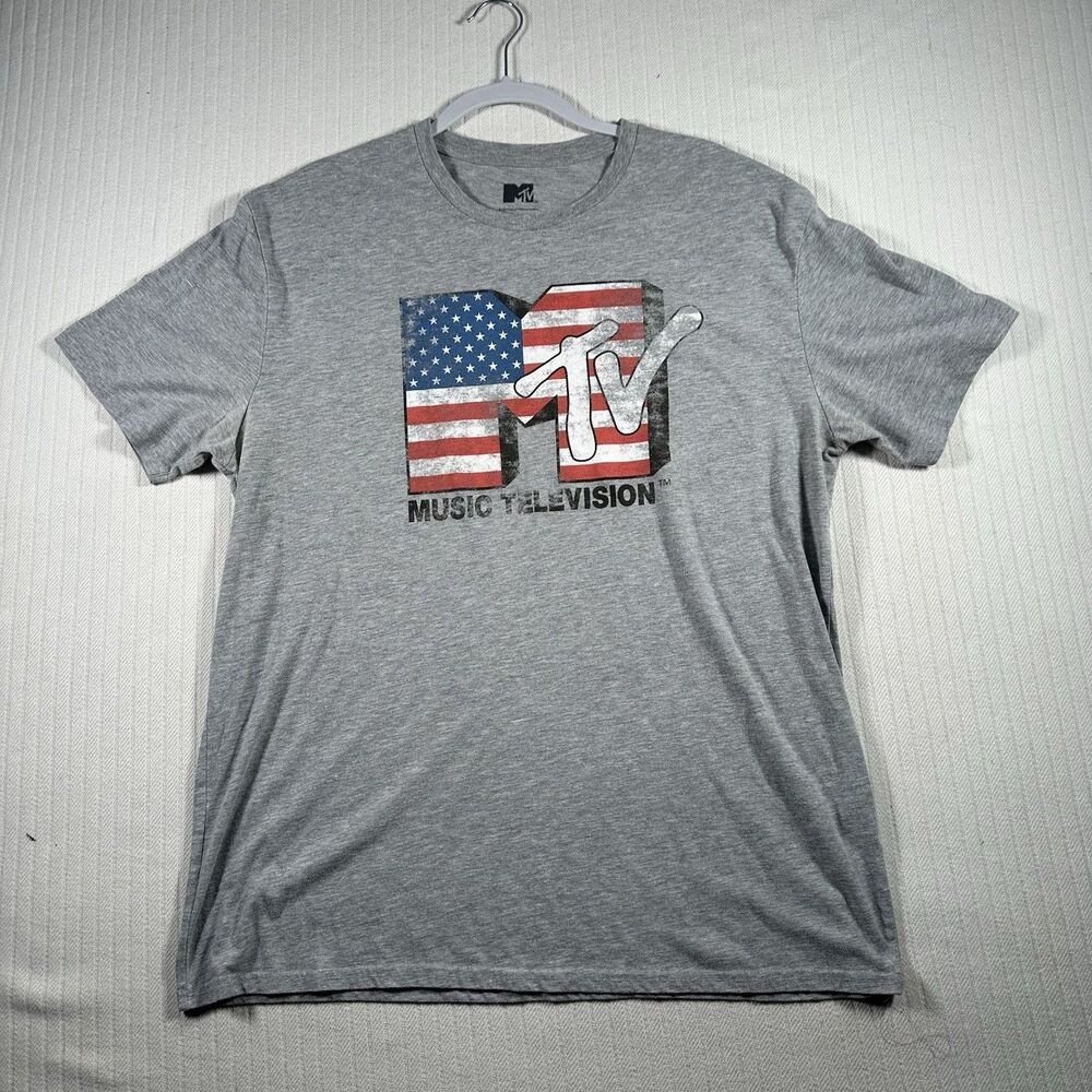 MTV Music Television T-shirt Mens USA American Flag Distressed Size XL Grey